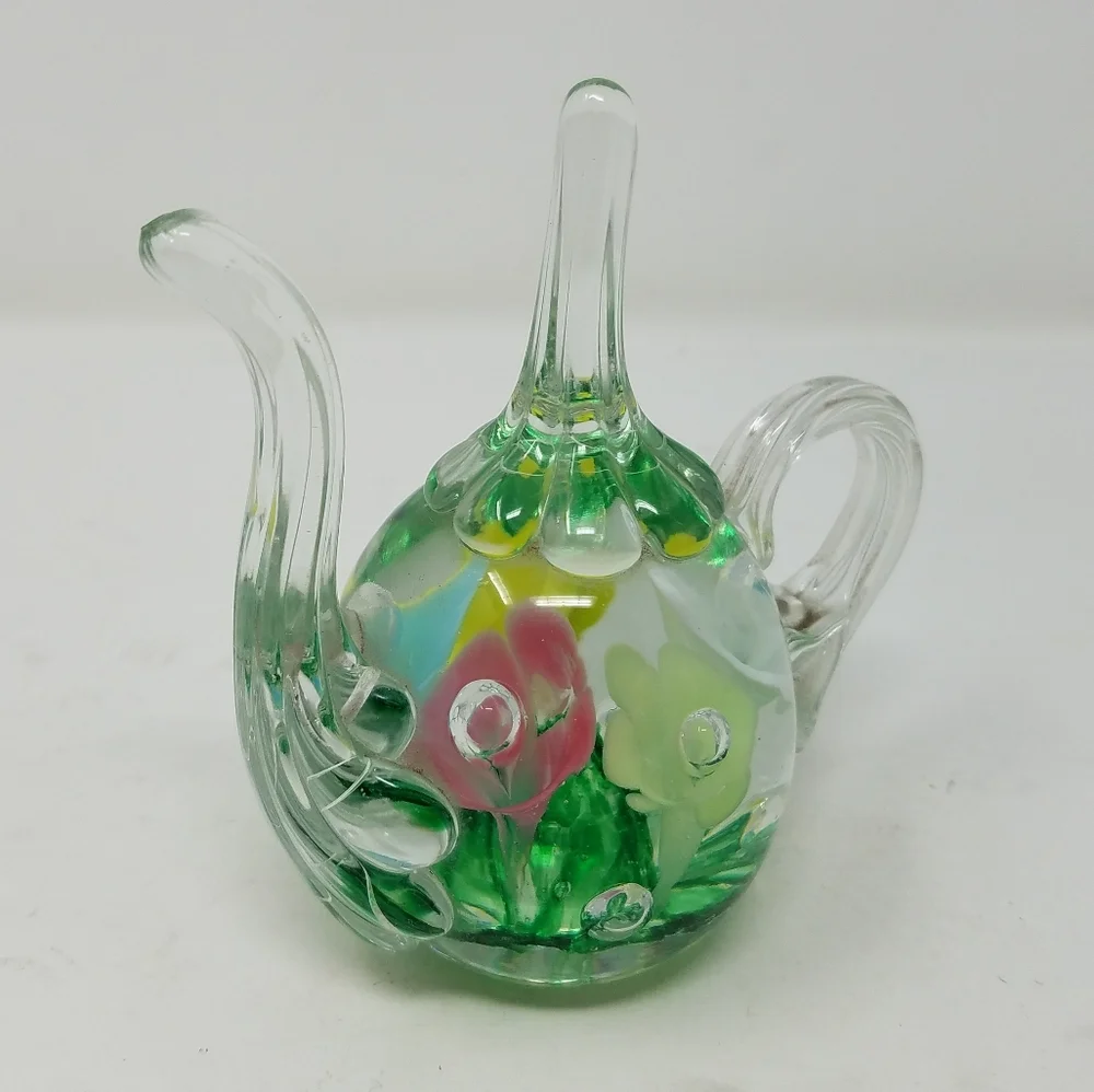 Vtg Joe St Clair‎ clear Studio Art Glass teapot paperweight ring holder vanity